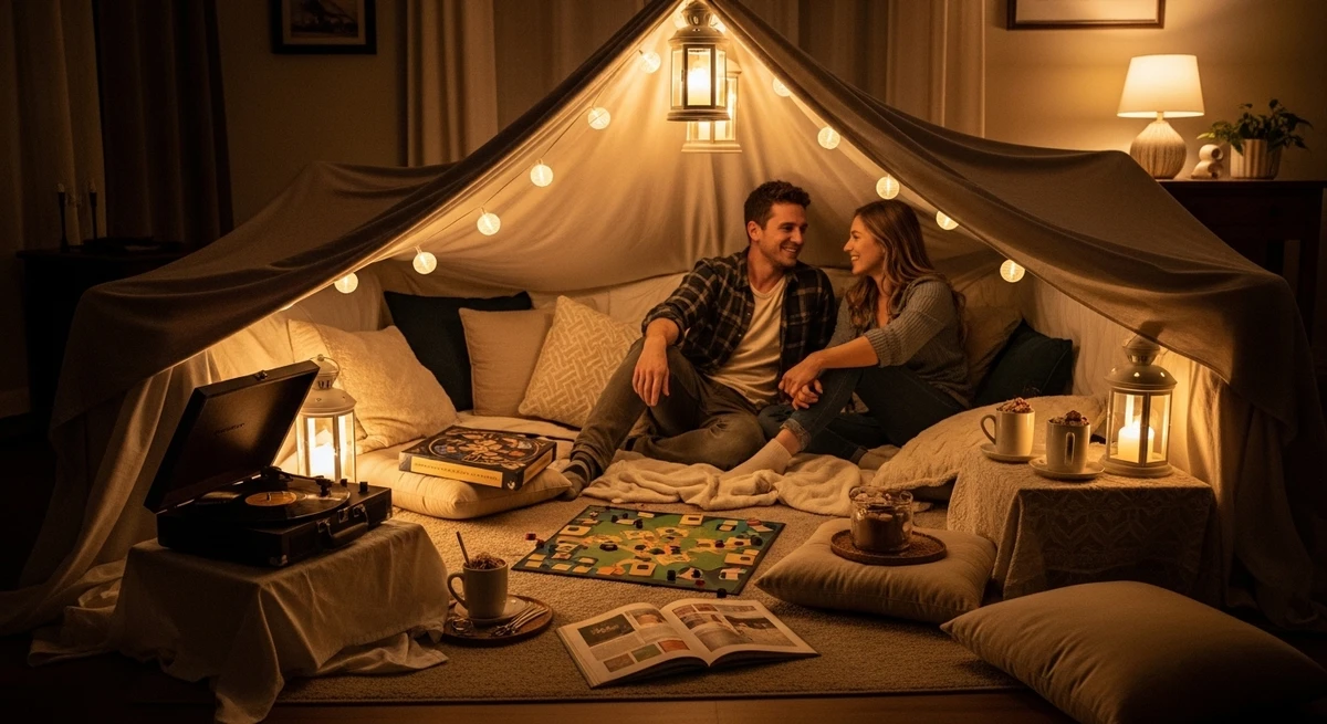 O date perfeito para Câncer: montar cabana de cobertor para assistir algo juntos por Imagem gerada por IA