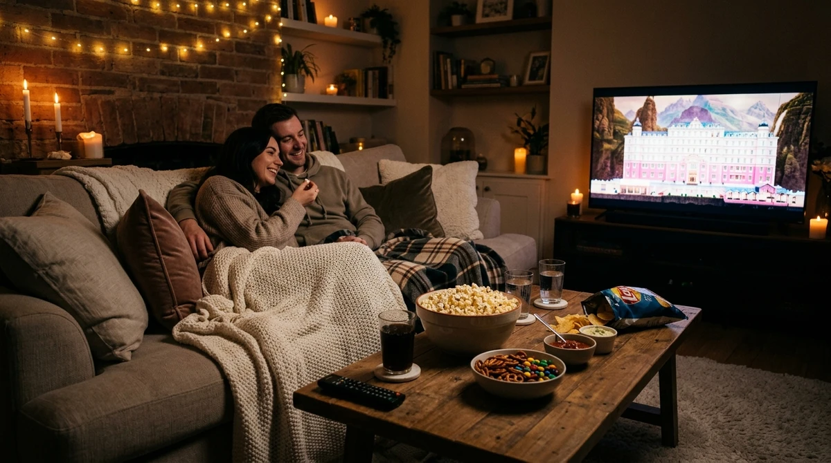 O date perfeito para Câncer: noite de filme em casa com clima aconchegante por Imagem gerada por IA