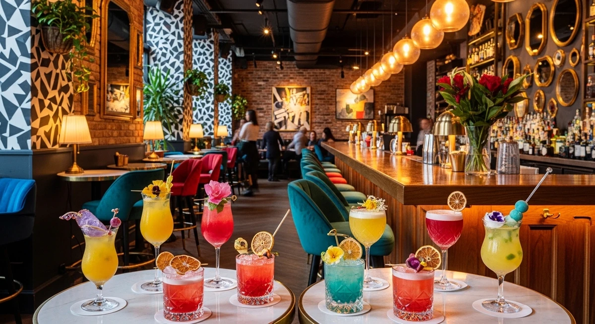 O date perfeito para Gêmeos: bar com drinks diferentes e decoração criativa por Imagem gerada por IA