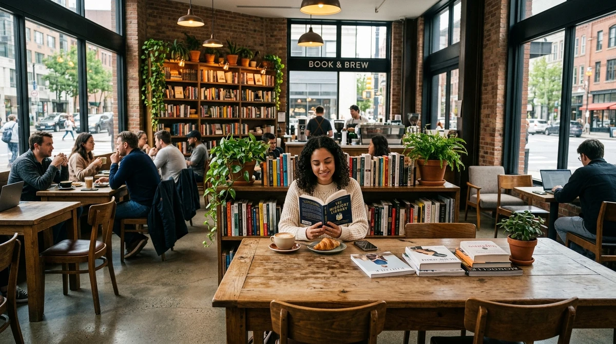 O date perfeito para Gêmeos: café descolado com livros por Imagem gerada por IA