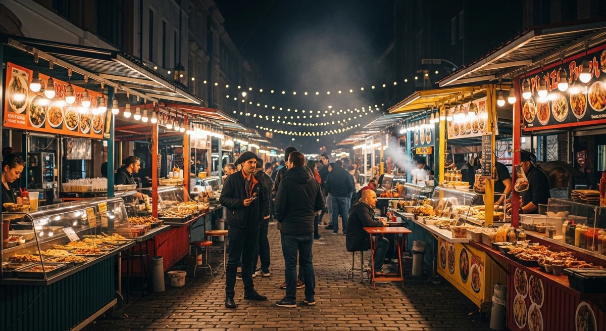 O date perfeito para Gêmeos: feira de rua com várias opções de comida por Imagem gerada por IA