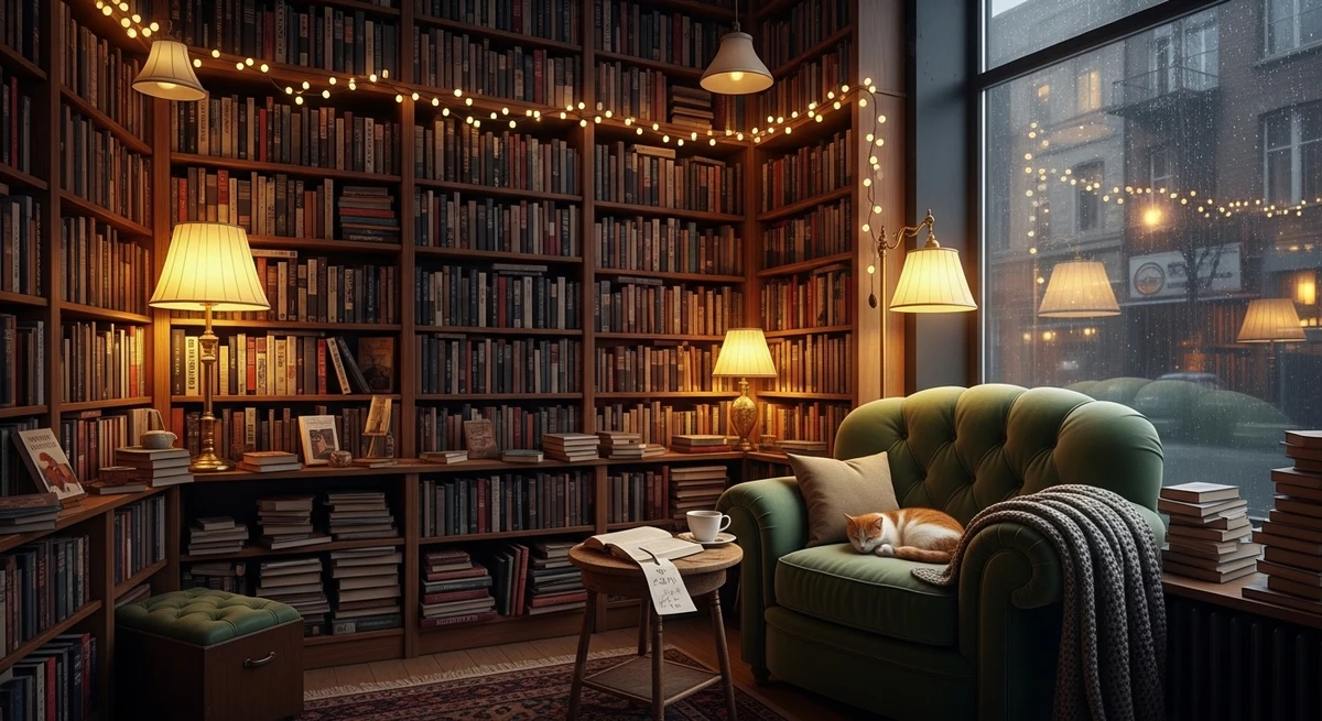 O date perfeito para Gêmeos: livraria charmosa com cantinho de leitura por Imagem gerada por IA