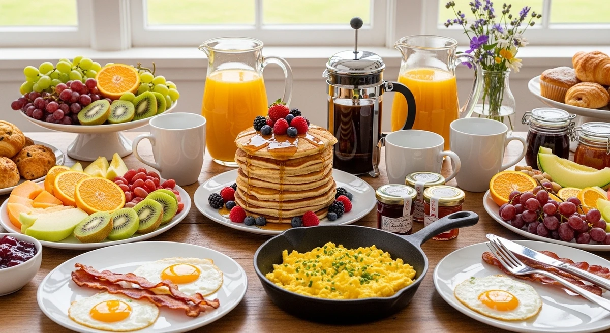 O date perfeito para Gêmeos: mesa com brunch variado e colorido por Imagem gerada por IA