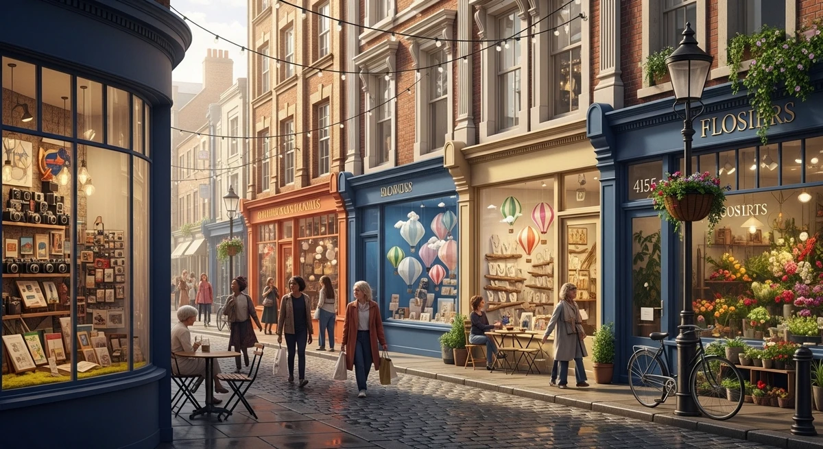 O date perfeito para Gêmeos: rua com várias lojinhas e vitrines criativas por Imagem gerada por IA