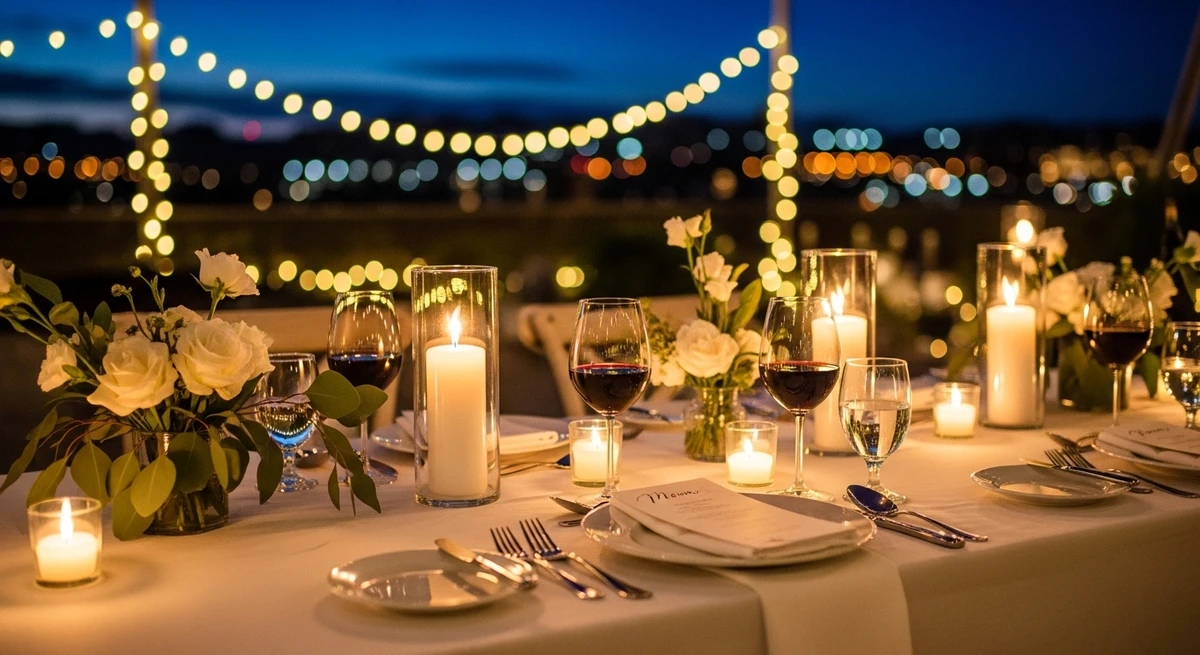O date perfeito para Leão: jantar ao ar livre com iluminação de cinema por Imagem gerada por IA