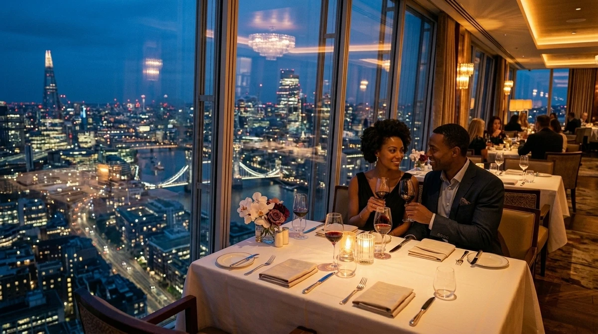O date perfeito para Leão: jantar em restaurante luxuoso com vista da cidade por Imagem gerada por IA