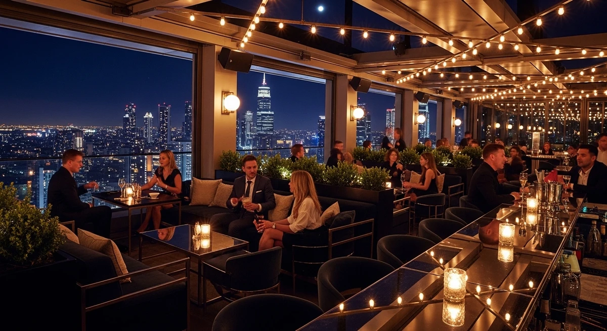 O date perfeito para Leão: noite em rooftop com luzes e clima sofisticado por Imagem gerada por IA