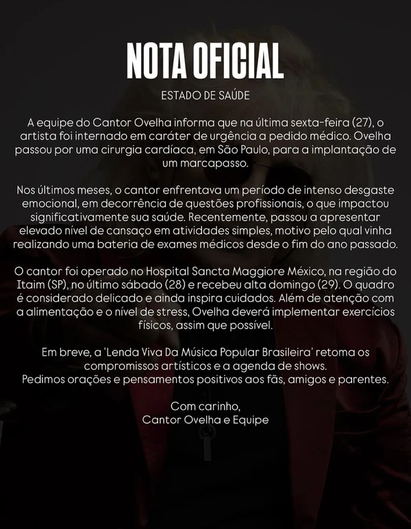 Pronunciamento da equipe do cantor Ovelha por Reprodução/ Instagram