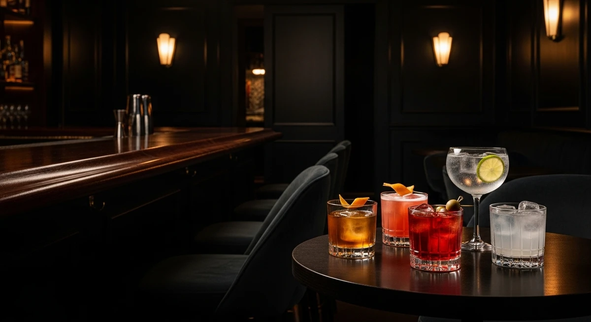 O date perfeito para Escorpião: bar com iluminação baixa e drinks fortes por Imagem gerada por IA