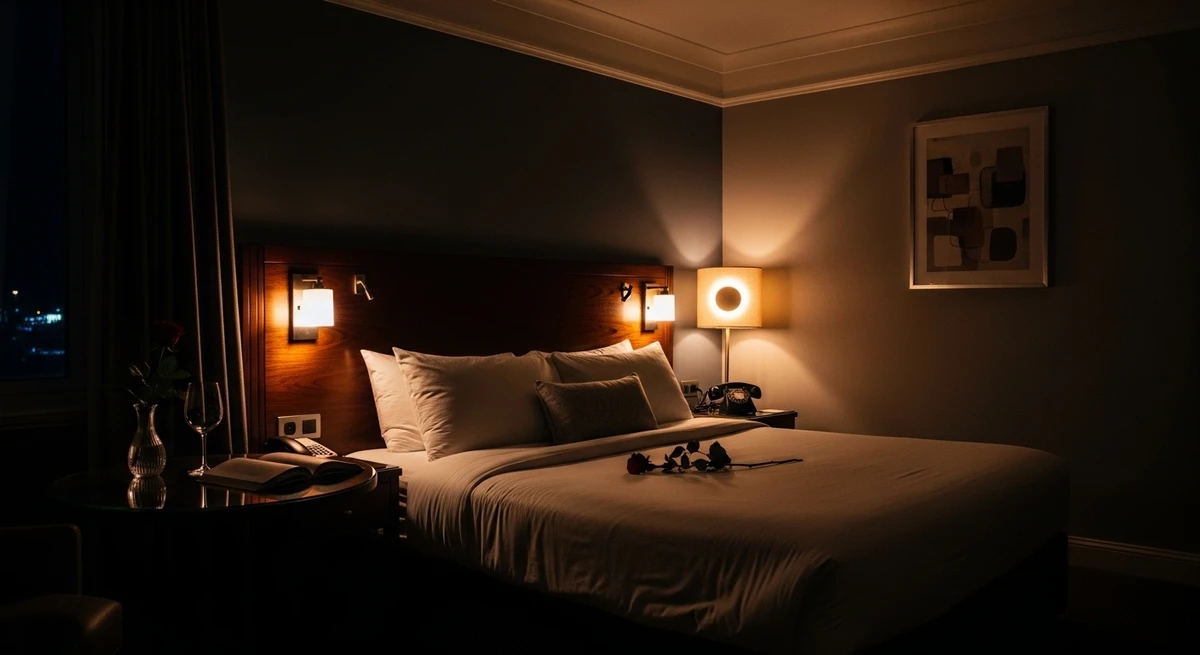 O date perfeito para Escorpião: noite em quarto de hotel com clima reservado por Imagem gerada por IA