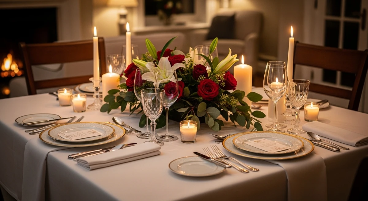 O date perfeito para Libra: jantar especial em casa com decoração delicada por Imagem gerada por IA