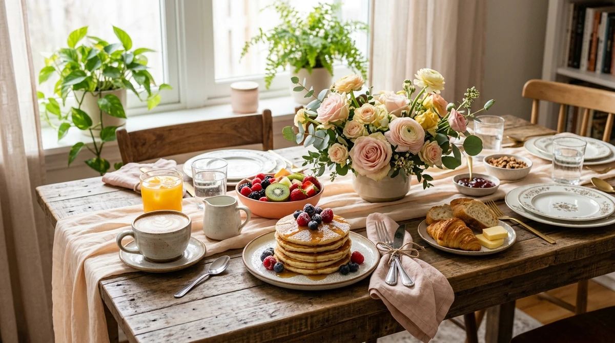 O date perfeito para Libra: montar uma mesa de brunch bonita em casa por Imagem gerada por IA