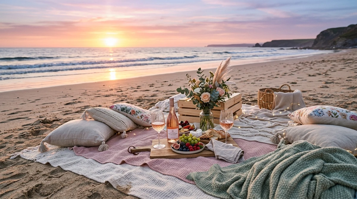 O date perfeito para Libra: piquenique romântico ao pôr do sol na praia por Imagem gerada por IA