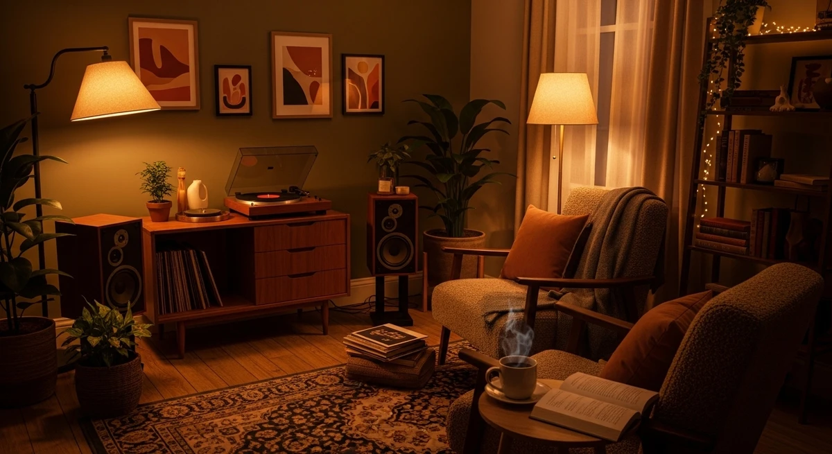 O date perfeito para Peixes: noite ouvindo música com luz suave por Imagem gerada por IA