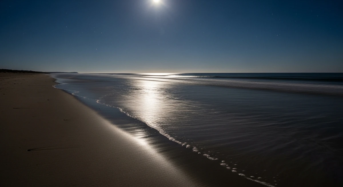 O date perfeito para Peixes: passeio na praia à noite com clima calmo por Imagem gerada por IA