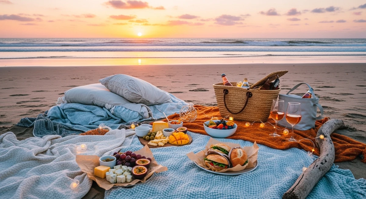 O date perfeito para Peixes: piquenique na praia no fim de tarde por Imagem gerada por IA