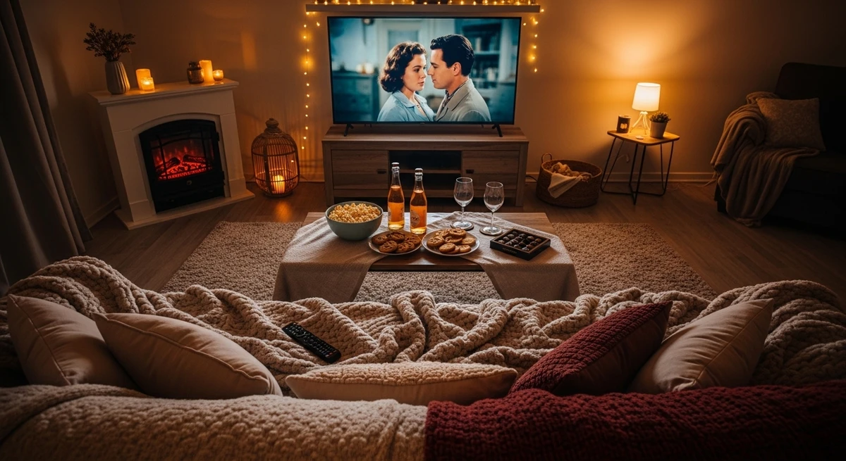 O date perfeito para Peixes: sessão de filme romântico com clima aconchegante por Imagem gerada por IA