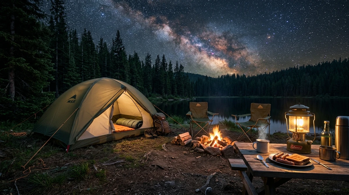 O date perfeito para Sagitário: acampamento simples com comida e conversa por Imagem gerada por IA