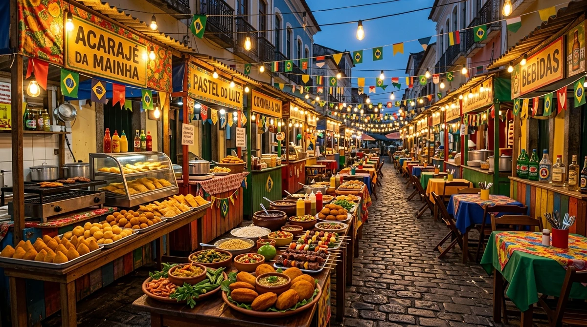 O date perfeito para Sagitário: feira gastronômica com várias comidas para experimentar por Imagem gerada por IA