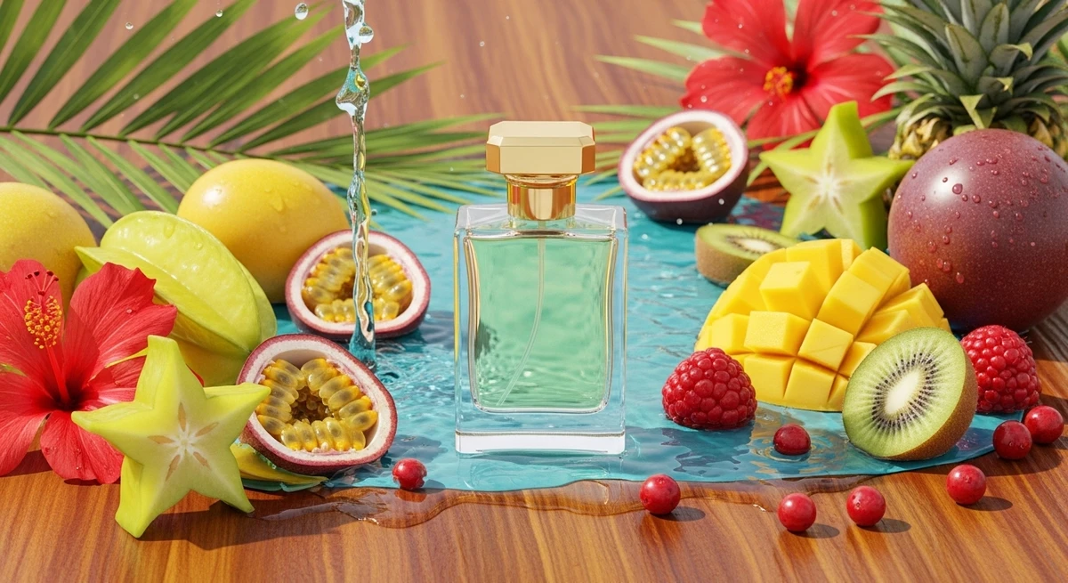 Perfume para Sagitário: vibrante e livre, com notas de frutas tropicais, especiarias e cítricos por Imagem criada com IA