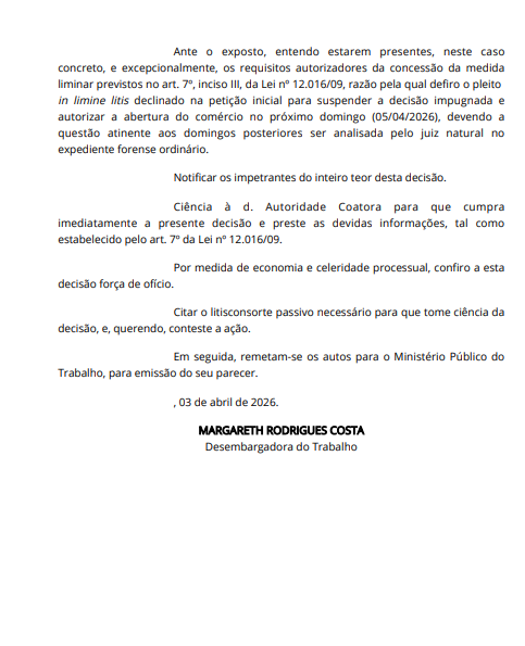Nova decisão judicial autoriza abertura do comércio no domingo de Páscoa por Reprodução