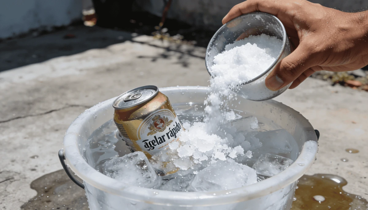 Gelo, água e sal: adicionar água e sal ao gelo ajuda a reduzir a temperatura e acelera o resfriamento da bebida por Reprodução
