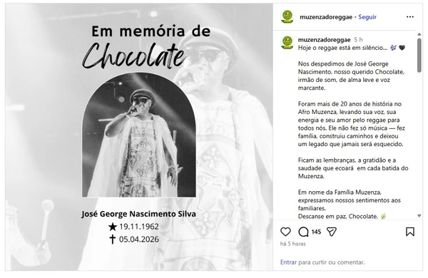 Morre o cantor George Chocolate, do bloco afro Muzenza, aos 63 anos por Reprodução/Instagram @muzenzadoreggae