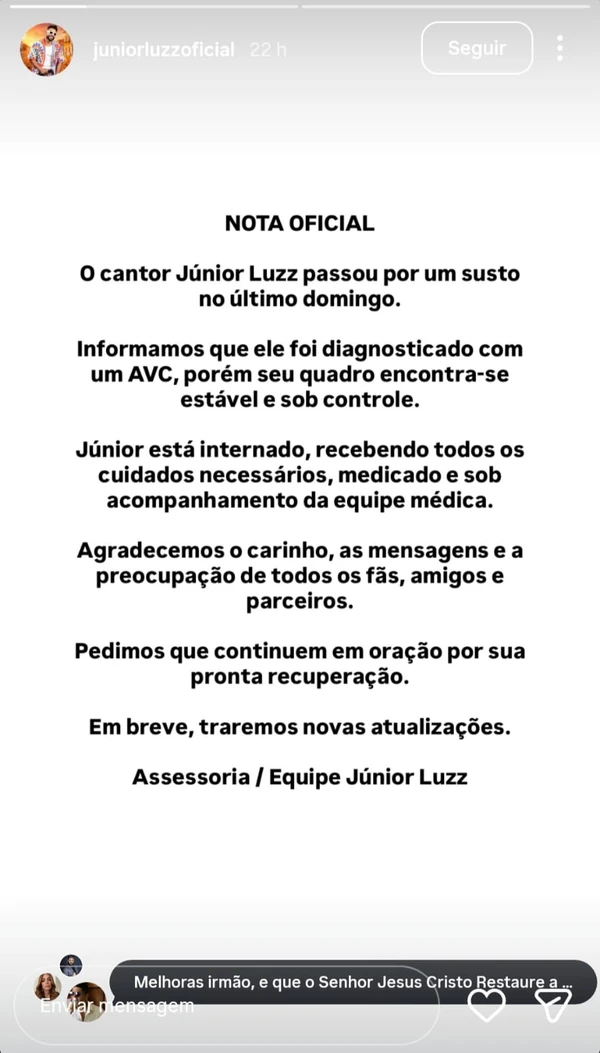Cantor Junior Luzz sofre AVC e é hospitalizado em Salvador por Reprodução/Redes Sociais 