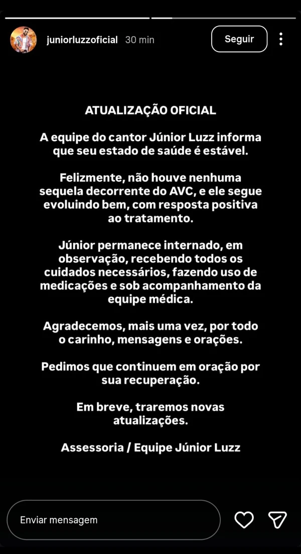Cantor Junior Luzz sofre AVC e é hospitalizado em Salvador por Reprodução/Redes Sociais 