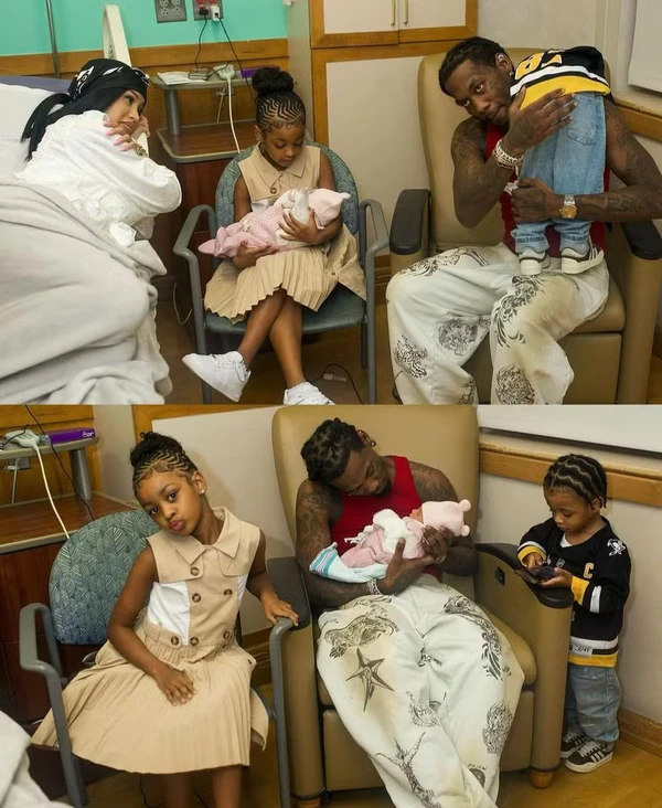 Cardi B com Offset e seus três filhos na maternidade por Reprodução