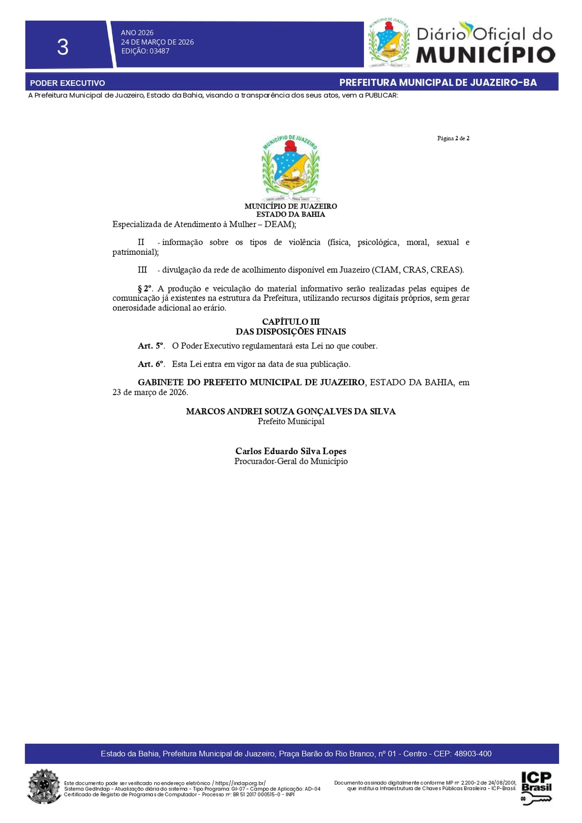 Veja lei na íntegra no Diário Oficial de Juazeiro por Reprodução