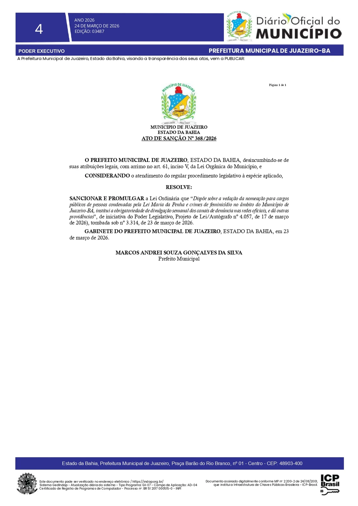 Veja lei na íntegra no Diário Oficial de Juazeiro por Reprodução