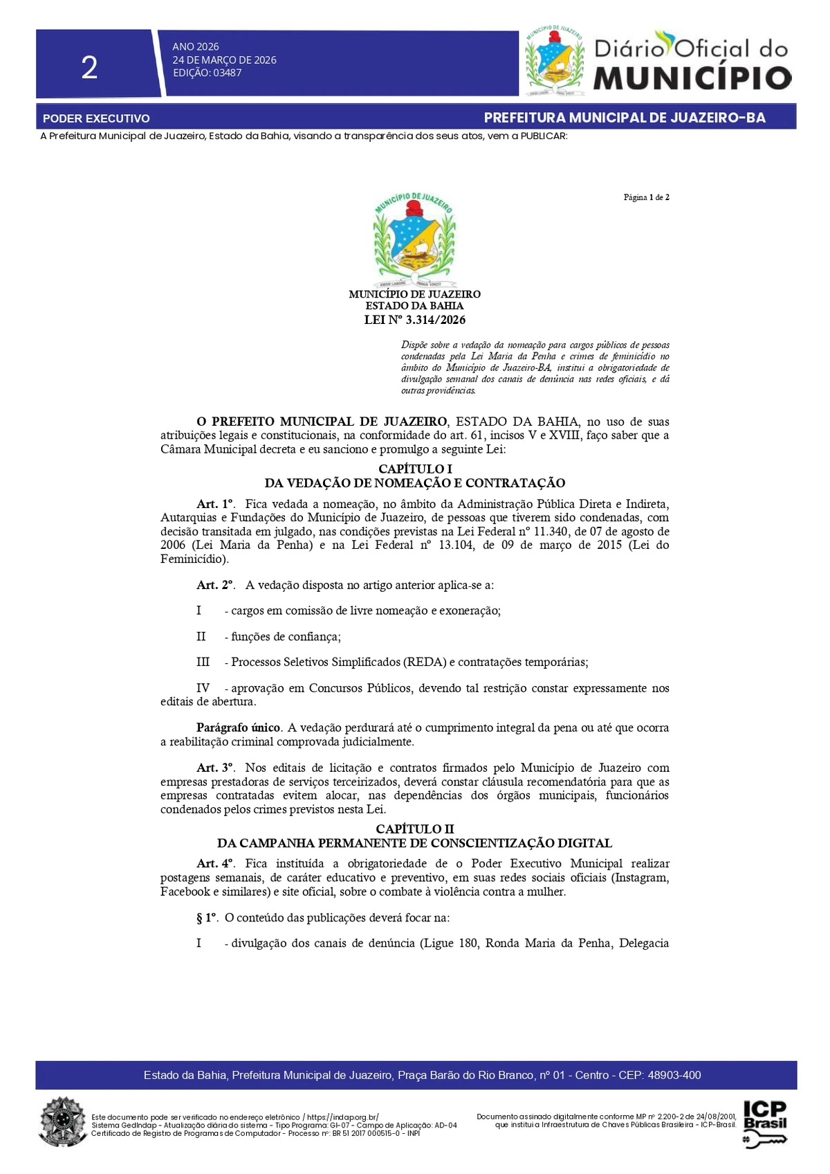 Veja lei na íntegra no Diário Oficial de Juazeiro por Reprodução