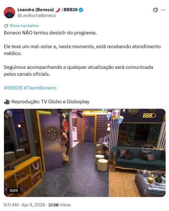Leandro Boneco tenta apertar o botão de desistência após passar mal no BBB 26 por Reprodução/Redes Sociais 