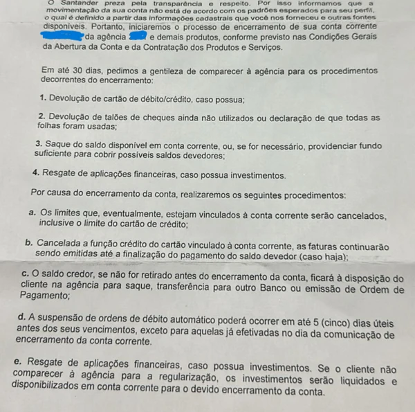 Banco avisou sobre encerramento de conta através de carta por Acervo pessoal