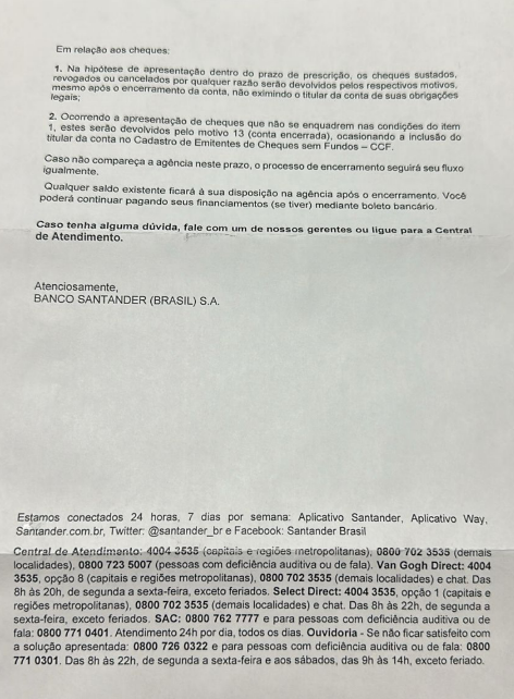 Cliente foi informada que conta corrente será encerrada por Acervo pessoal