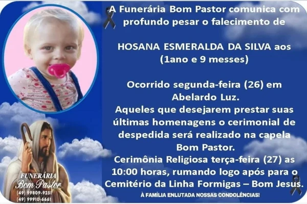 Hosana tinha 1 ano e 9 meses por Reprodução