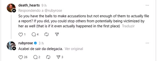 Em resposta a seguidor, atriz afirma ter 'acabado de sair da delegacia'; post foi feito nesta segunda-feira (13) por Reprodução