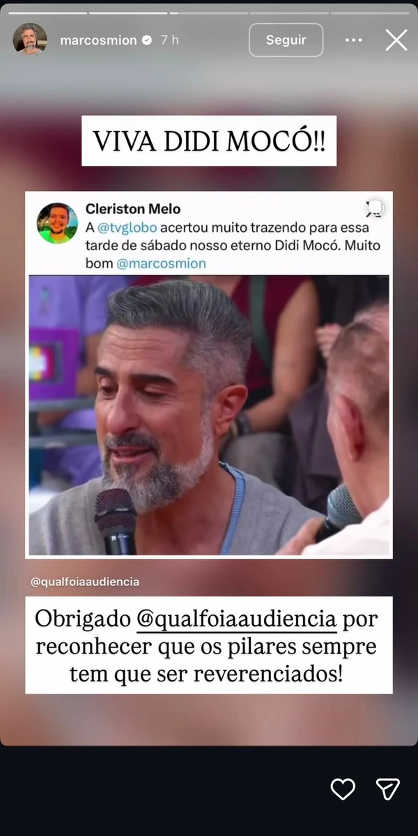 Marcos Mion compartilha publicação sobre o programa por Reprodução/ Globoplay