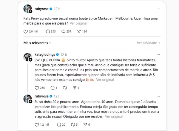 Ruby Rose afirma ter sido abusada sexualmente por cantora Katy Perry há 20 anos por Reprodução