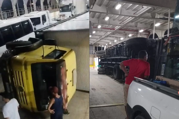 Caminhão tomba dentro do ferry-boat de Salvador