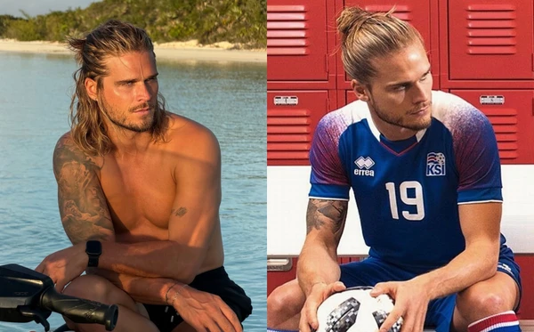 Rúrik Gíslason atualmente e em 2018, quando ainda atuava pela seleção da Islândia