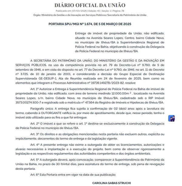 Portaria sobre a destinação do uso do terreno por Reprodução