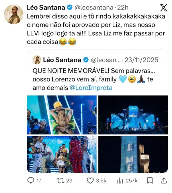 Post de Leo Santana sobre nome do 2ª filho com Lore Improta por Reprodução/Redes Sociais 