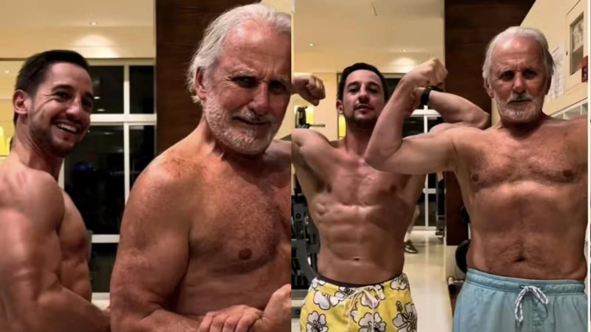Otávio Mesquita impressiona ao exibir músculos ao lado do filho lutador