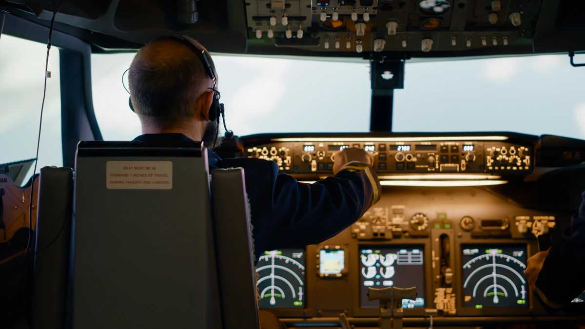 Male airline captain fixing altitude and longitude buttons, using dashboard navigation command and control panel. Flying airplane with aircrew and radar compass, power engine and windscreen. por Divulgação