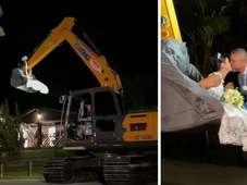 Imagem - Vídeo: noiva chega ao casamento dentro de concha de escavadeira pilotada pelo noivo