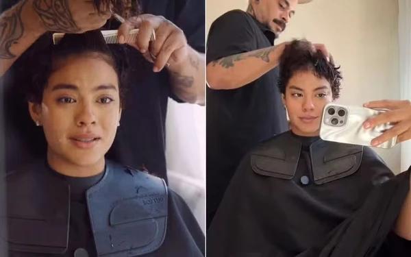 Bella Campos se emociona ao cortar cabelo curtinho