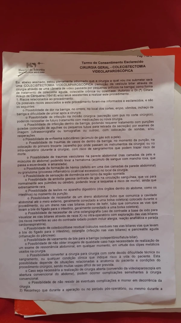 Termo de consentimento para cirurgia foi assinado em 2024  por Reprodução