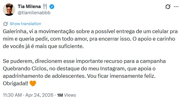 Milena, do BBB 26, recusa celular de fãs e faz pedido por Reprodução/X